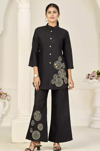 Black rayon slub embroidered festive wear salwar kameez