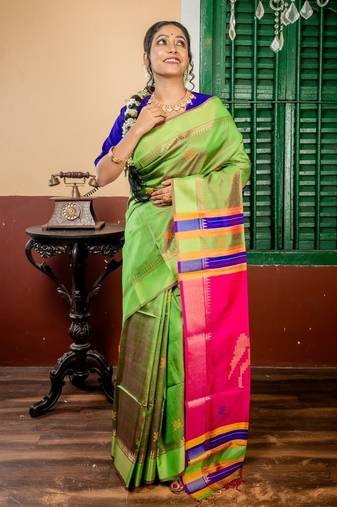 multicolor hand woven katan silk blend hand embroidery all seasons sarees
