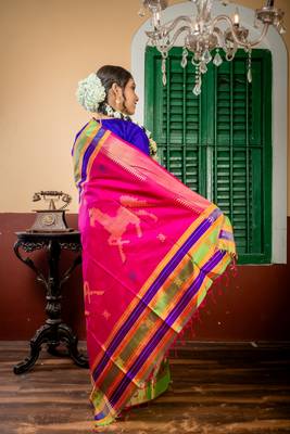 multicolor hand woven katan silk blend hand embroidery all seasons sarees 4