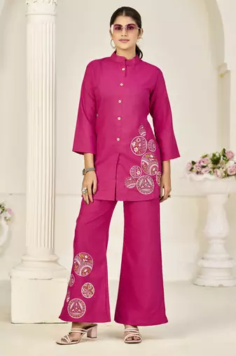 Pink rayon slub embroidered festive wear salwar kameez