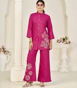 Pink rayon slub embroidered festive wear salwar kameez