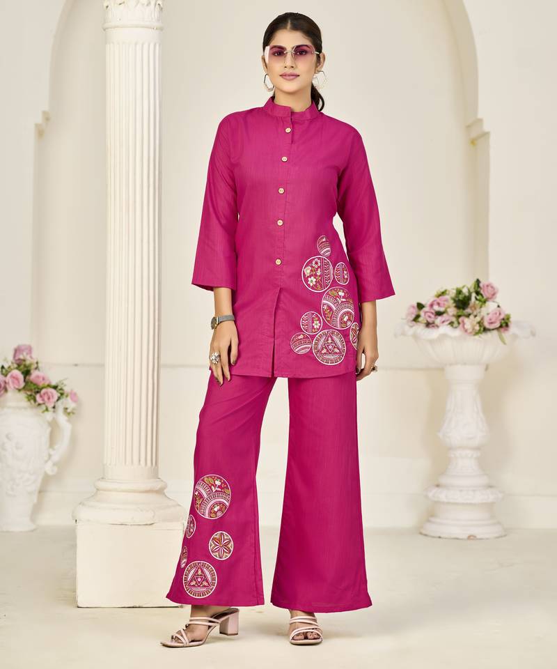 Pink rayon slub embroidered festive wear salwar kameez