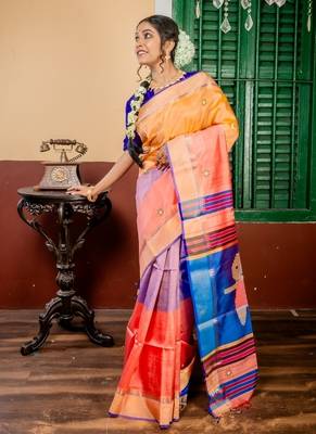pink hand woven katan silk blend hand embroidery all seasons sarees 1