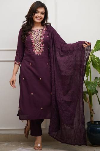 Wine rayon slub embroidered festive wear salwar kameez
