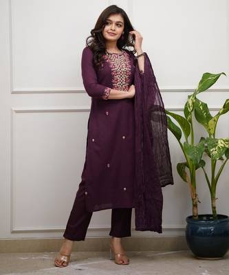 Wine rayon slub embroidered festive wear salwar kameez 4
