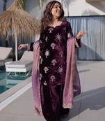 Wine ice velvet embroidered ethnic heavy embroidered ceremonial suit with dupatta