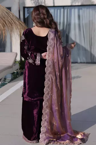 Wine ice velvet embroidered heavy embroidered ceremonial suit with dupatta