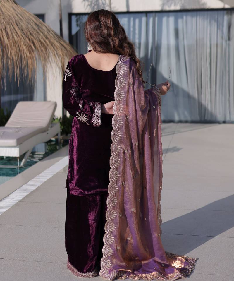 Wine ice velvet embroidered ethnic heavy embroidered ceremonial suit with dupatta
