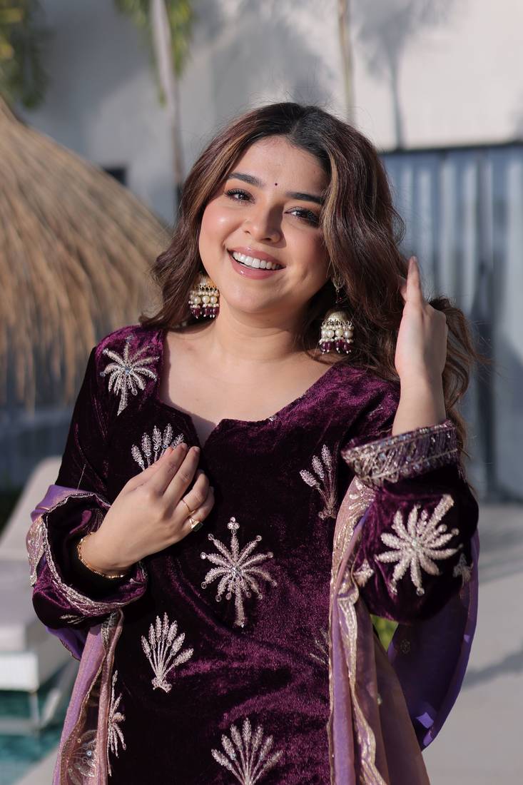 Wine ice velvet embroidered ethnic heavy embroidered ceremonial suit with dupatta