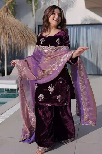 Wine ice velvet embroidered heavy embroidered ceremonial suit with dupatta