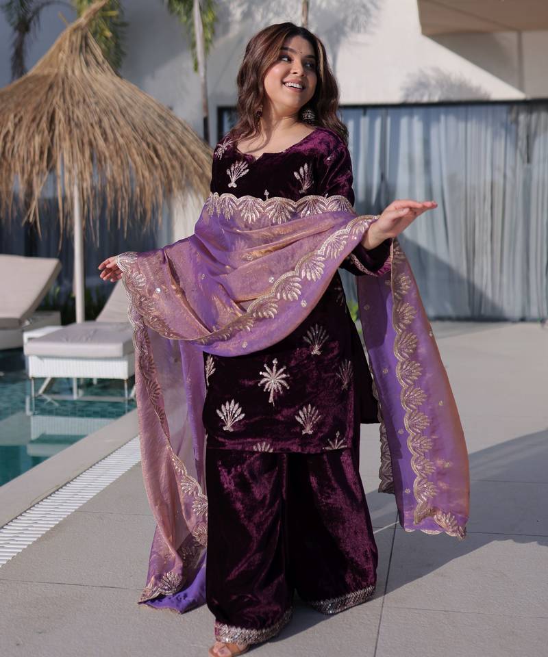 Wine ice velvet embroidered ethnic heavy embroidered ceremonial suit with dupatta