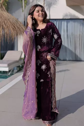 Wine ice velvet embroidered heavy embroidered ceremonial suit with dupatta