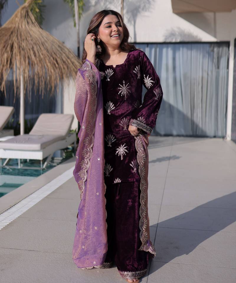 Wine ice velvet embroidered ethnic heavy embroidered ceremonial suit with dupatta