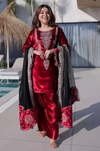 Red ice velvet embroidered ethnic heavy embroidered ceremonial suit with dupatta
