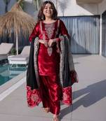 Red ice velvet embroidered ethnic heavy embroidered ceremonial suit with dupatta