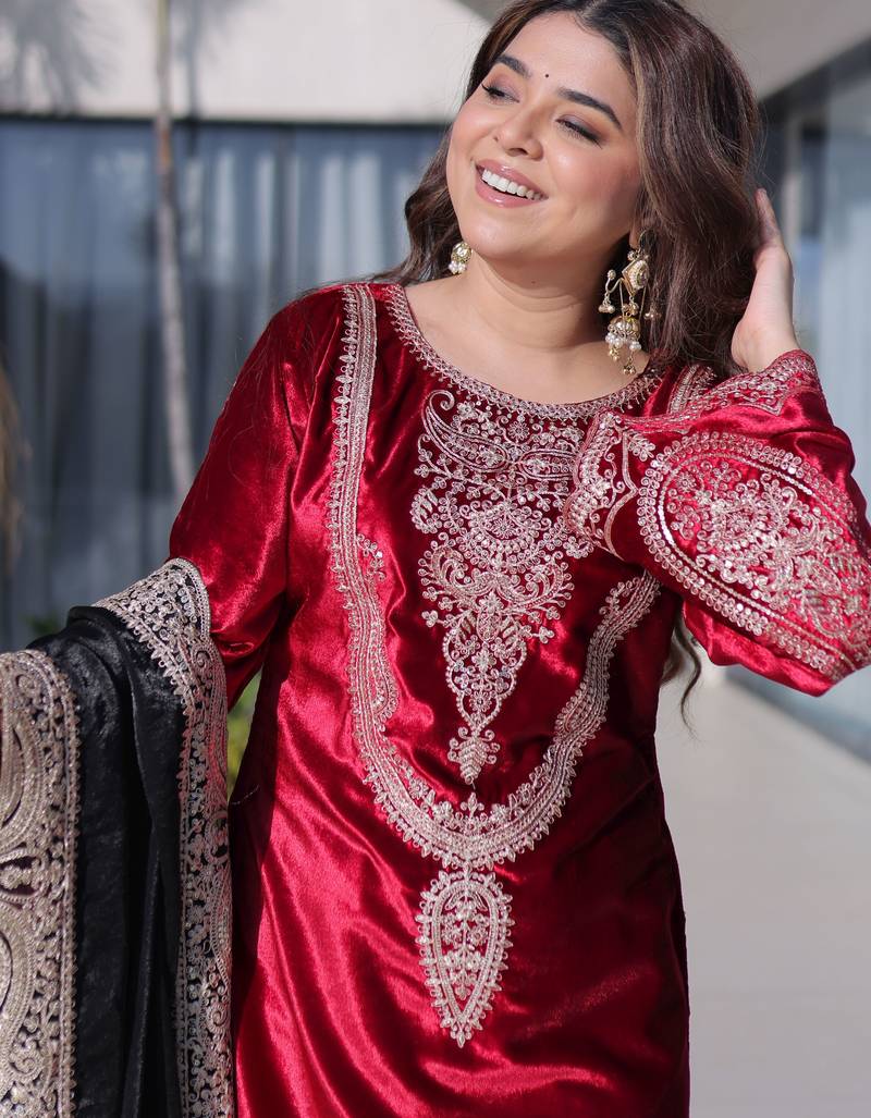 Red ice velvet embroidered ethnic heavy embroidered ceremonial suit with dupatta