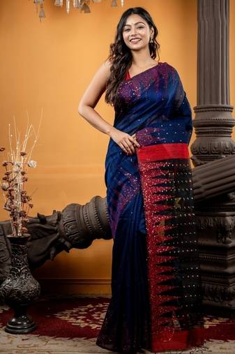 blue hand woven silk blend cotton bengal handloom all seasons sarees