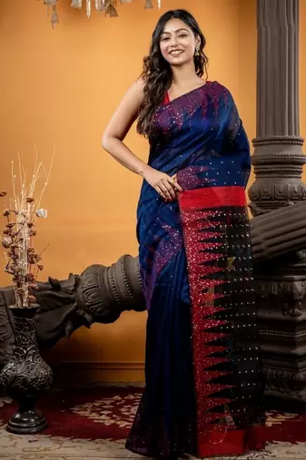 blue hand woven silk blend cotton bengal handloom all seasons sarees