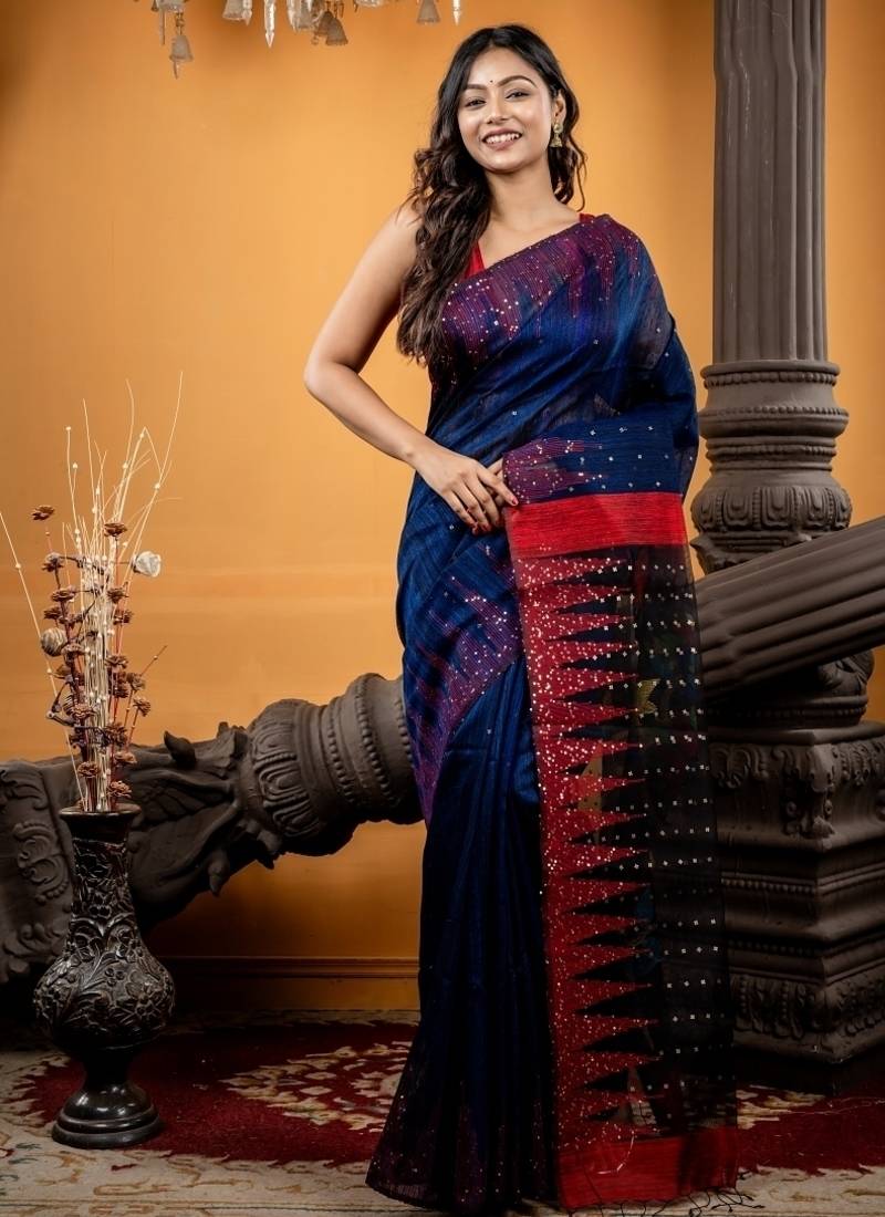 blue hand woven silk blend cotton bengal handloom all seasons sarees