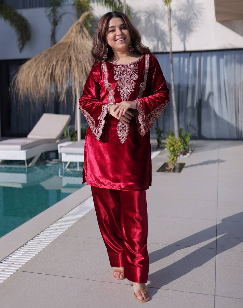 Red ice velvet embroidered ethnic heavy embroidered ceremonial suit with dupatta