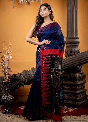 blue hand woven silk blend cotton bengal handloom all seasons sarees 3