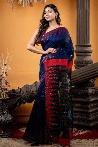 blue hand woven silk blend cotton bengal handloom all seasons sarees