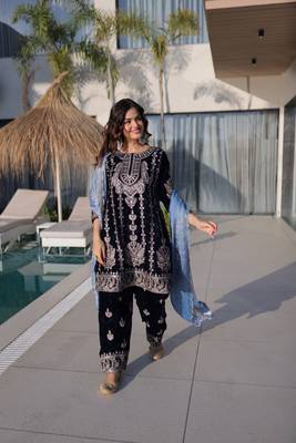 Blue ice velvet embroidered heavy embroidered ceremonial suit with dupatta 1