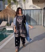 Blue ice velvet embroidered ethnic heavy embroidered ceremonial suit with dupatta