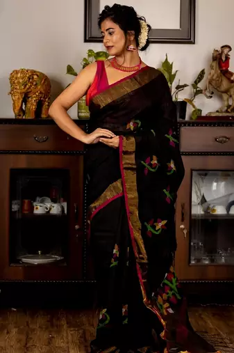 black hand woven silk blend cotton bengal handloom all seasons sarees