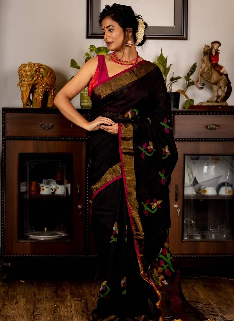 black hand woven silk blend cotton bengal handloom all seasons sarees