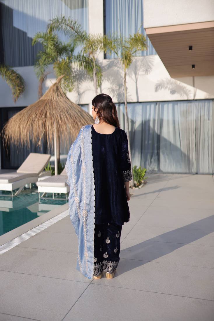 Blue ice velvet embroidered ethnic heavy embroidered ceremonial suit with dupatta