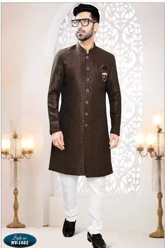 Men's brown  woven jacquard -Sherwani set