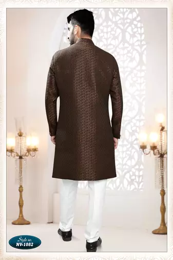Men's brown  woven jacquard - kurta set