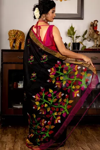 black hand woven silk blend cotton bengal handloom all seasons sarees