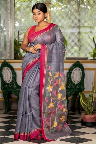 grey hand woven silk blend cotton bengal handloom all seasons sarees