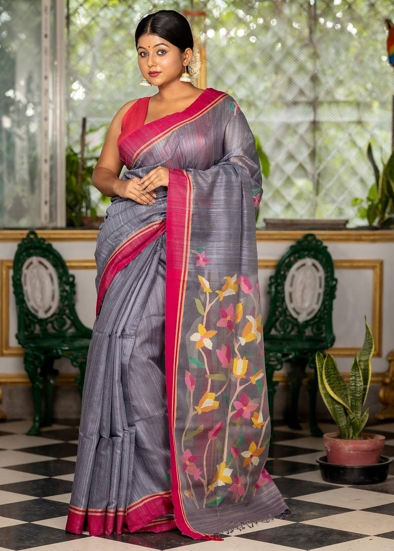 grey hand woven silk blend cotton bengal handloom all seasons sarees