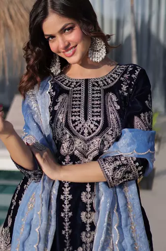 Blue ice velvet embroidered heavy embroidered ceremonial suit with dupatta