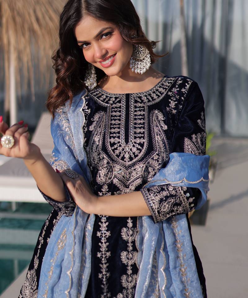 Blue ice velvet embroidered ethnic heavy embroidered ceremonial suit with dupatta