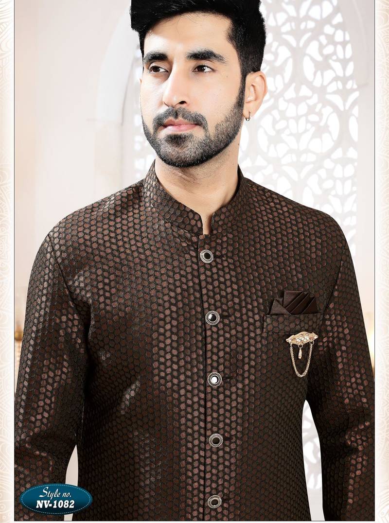 Men's brown  woven jacquard -Sherwani set