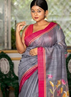 grey hand woven silk blend cotton bengal handloom all seasons sarees 2