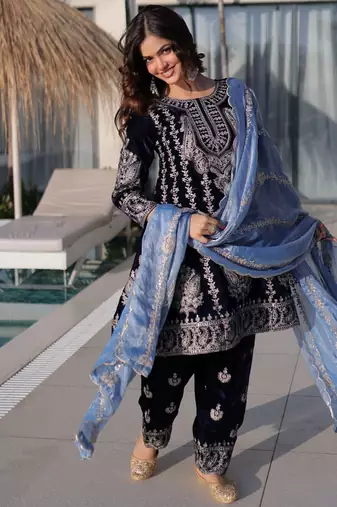 Blue ice velvet embroidered heavy embroidered ceremonial suit with dupatta