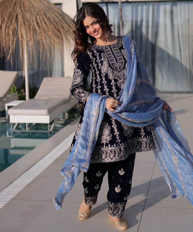 Blue ice velvet embroidered ethnic heavy embroidered ceremonial suit with dupatta