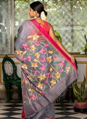 grey hand woven silk blend cotton bengal handloom all seasons sarees 3