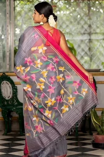 grey hand woven silk blend cotton bengal handloom all seasons sarees