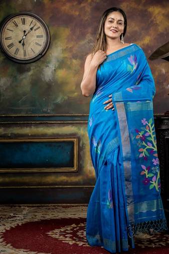 blue hand woven silk blend cotton zari work all seasons sarees