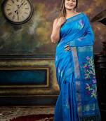 blue hand woven silk blend cotton zari work all seasons sarees