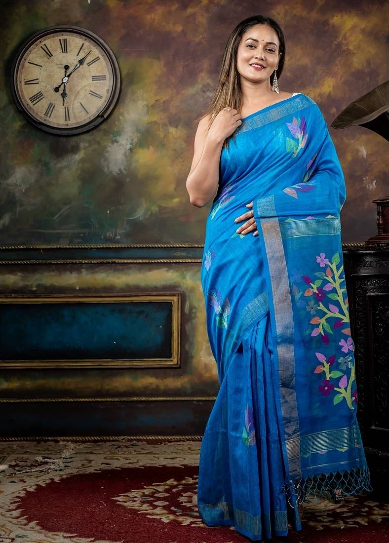blue hand woven silk blend cotton zari work all seasons sarees