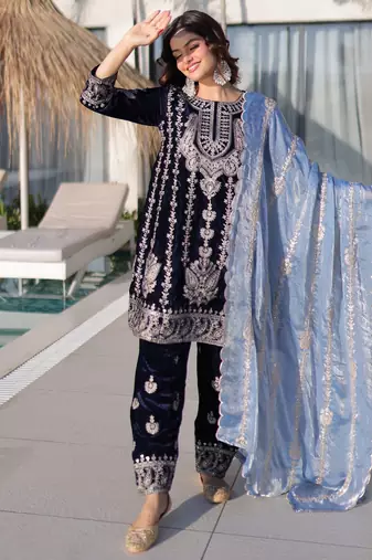 Blue ice velvet embroidered heavy embroidered ceremonial suit with dupatta