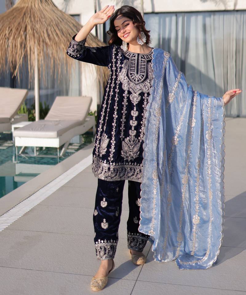 Blue ice velvet embroidered ethnic heavy embroidered ceremonial suit with dupatta