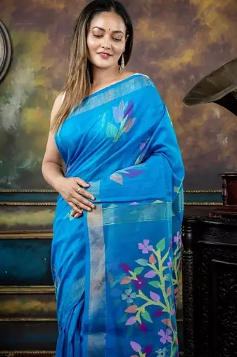 blue hand woven silk blend cotton zari work all seasons sarees